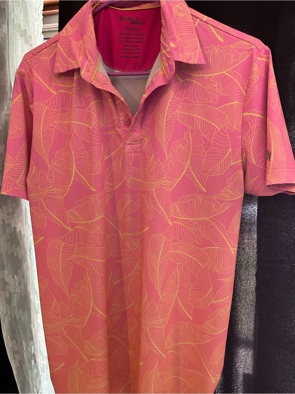 Birdies Bound Pink Polo with Yellow Leaf Print